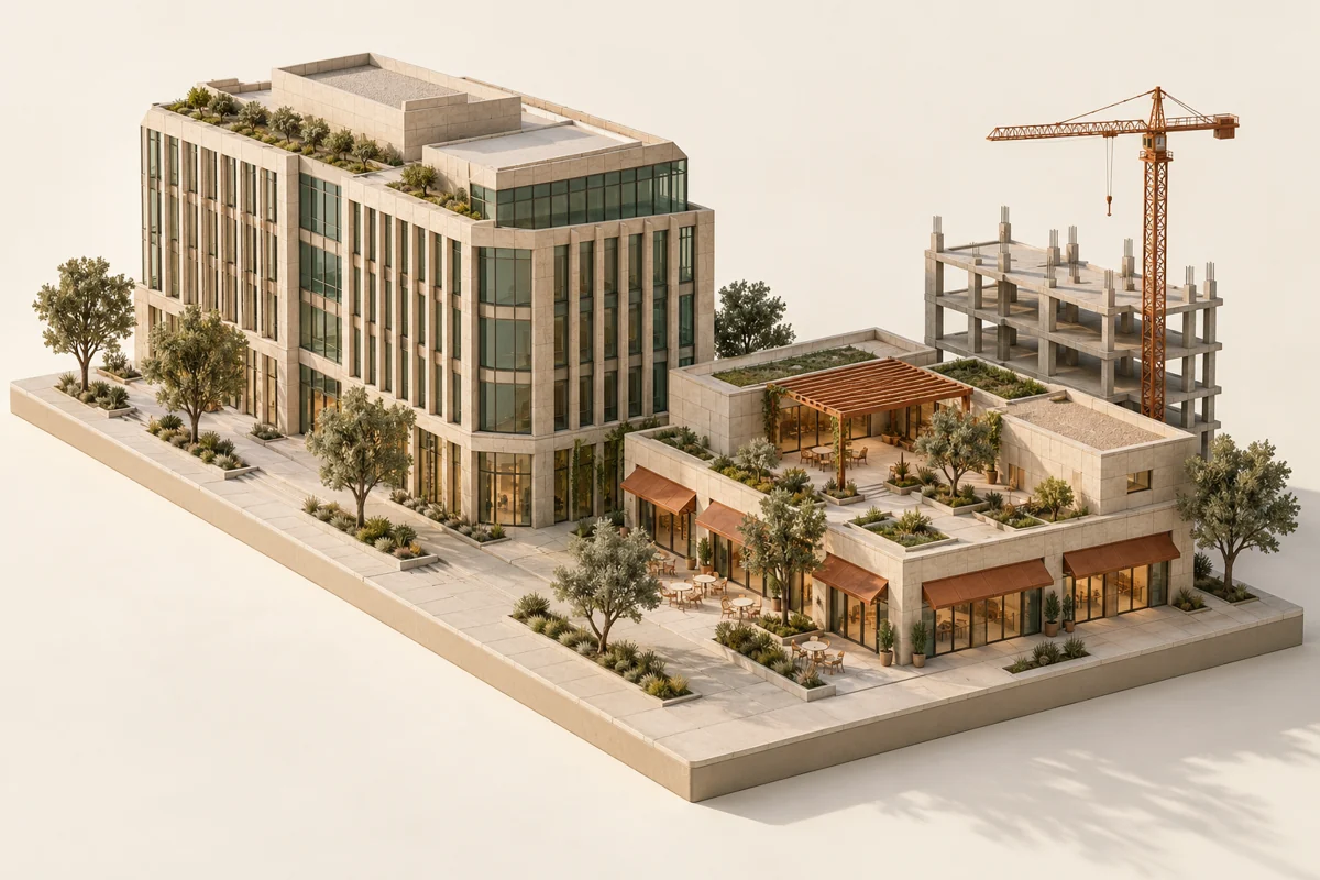 Maqueta arquitectónica ilustrativa de oficinas, locales y obra; alternativa a la escena interactiva